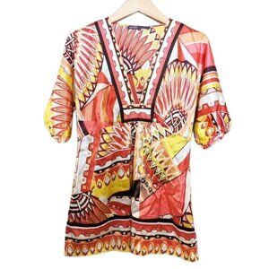 HALE BOB silk shirt blouse tunic v-neck multicolor pink white yellow size XS
